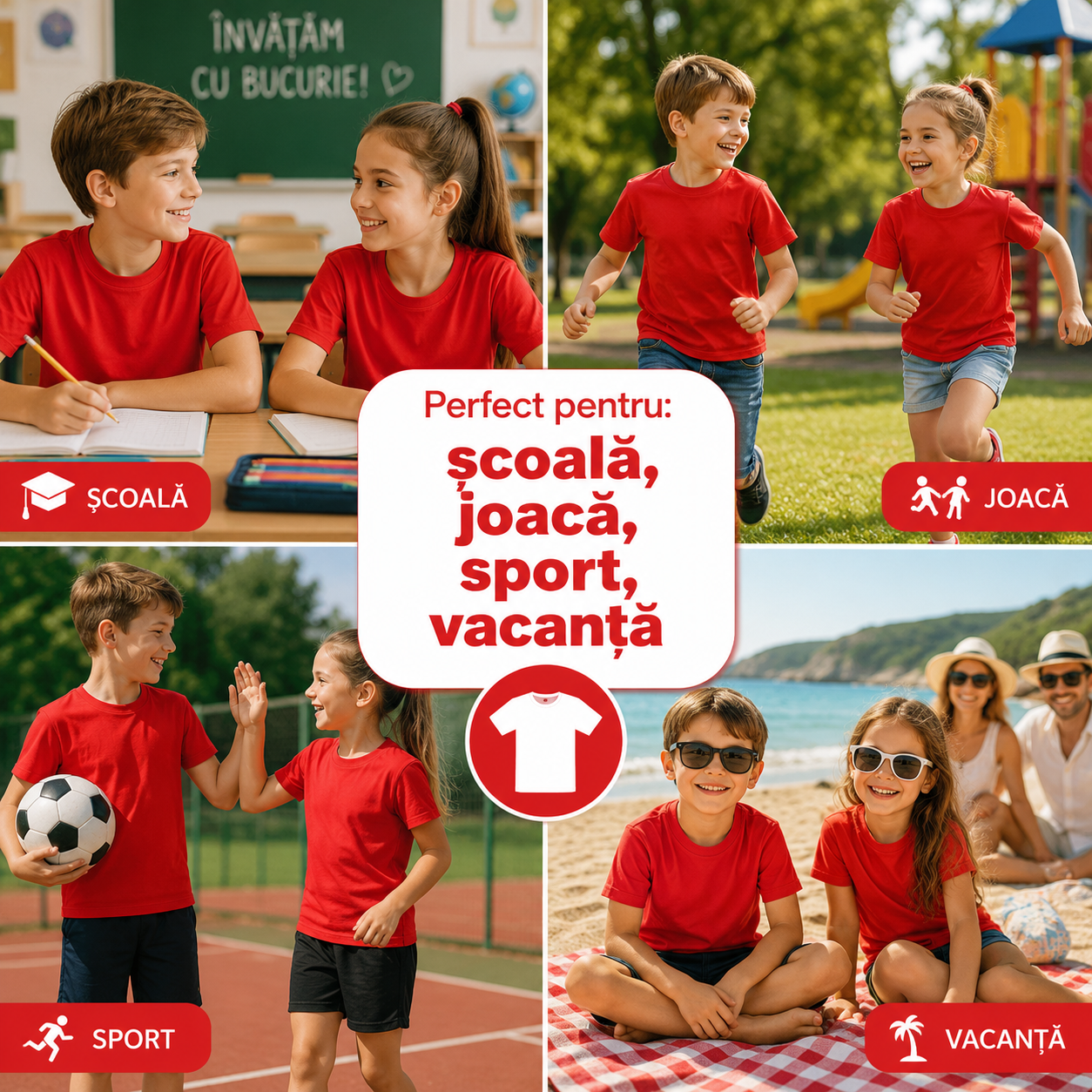 Caracteristici set 5 tricouri roșii copii, bumbac 100%, design simplu, confort zilnic și &icirc;ntreținere ușoară
